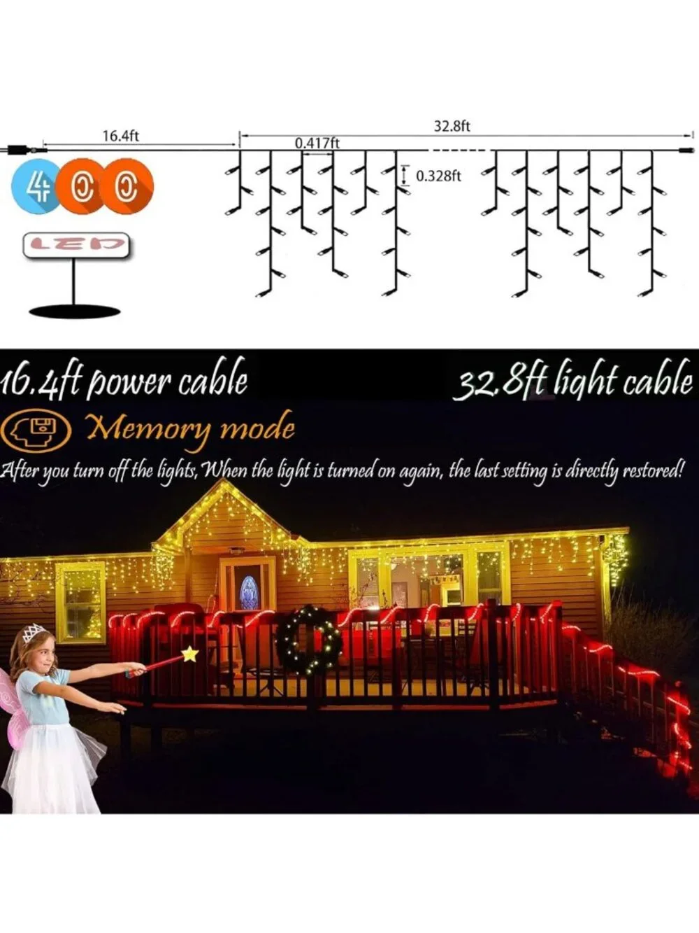 32.8ft 400 LED Outdoor Icicle String Lights - 8 Modes for Party, Wedding